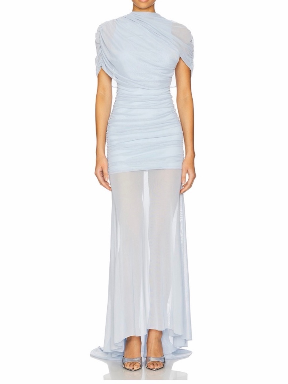 Amanda Uprichard Pale Blue Sheer Ruched Maxi Dress